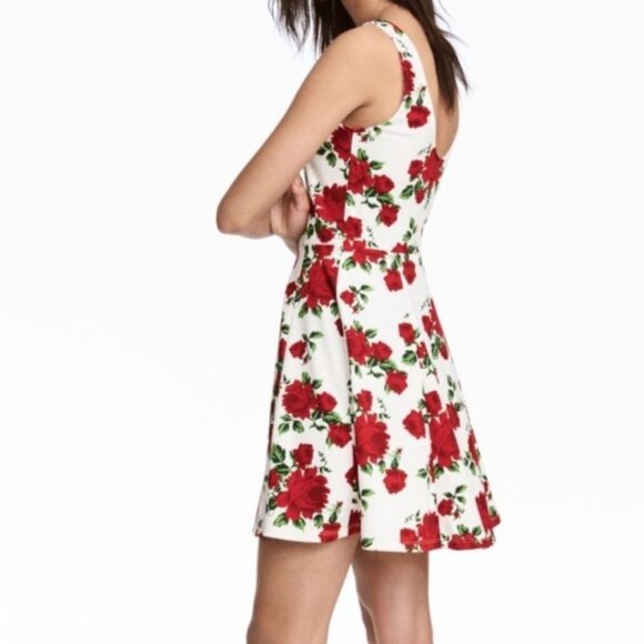 H&M Divided White w/ Red Rose Print Scoop Back Fit & Flare Skater Dress, Size 6 - Picture 16 of 16